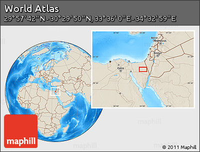 Shaded Relief Location Map of the Area around 30° 13' 46" N, 34° 4' 30" E