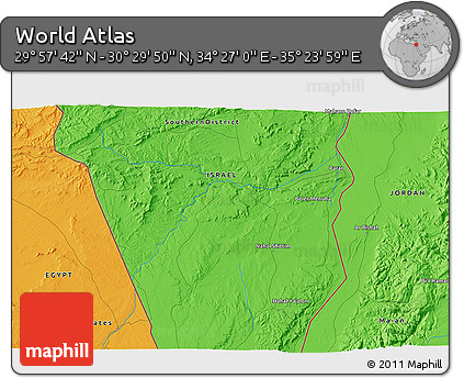 Political 3D Map of the Area around 30° 13' 46" N, 34° 55' 29" E