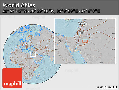 Gray Location Map of the Area around 30° 13' 46" N, 36° 37' 30" E, hill shading
