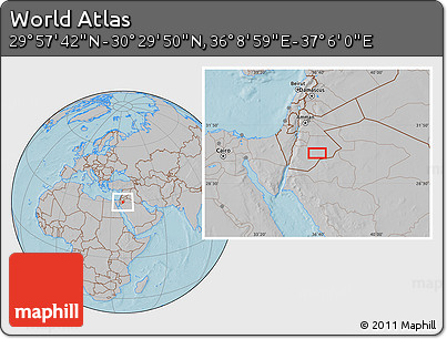 Gray Location Map of the Area around 30° 13' 46" N, 36° 37' 30" E, hill shading