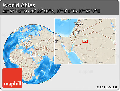 Shaded Relief Location Map of the Area around 30° 13' 46" N, 37° 28' 30" E