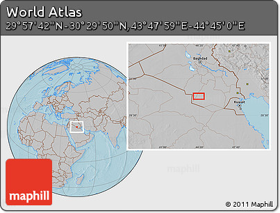Gray Location Map of the Area around 30° 13' 46" N, 44° 16' 29" E, hill shading