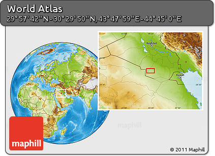 Physical Location Map of the Area around 30° 13' 46" N, 44° 16' 29" E