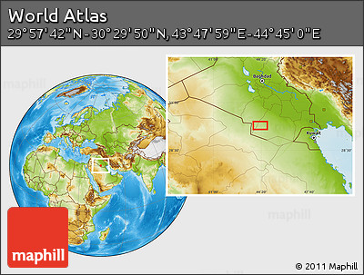 Physical Location Map of the Area around 30° 13' 46" N, 44° 16' 29" E