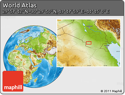 Physical Location Map of the Area around 30° 13' 46" N, 44° 16' 29" E