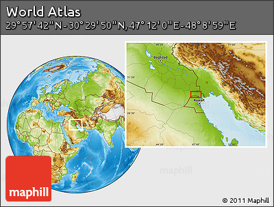 Physical Location Map of the Area around 30° 13' 46" N, 47° 40' 29" E