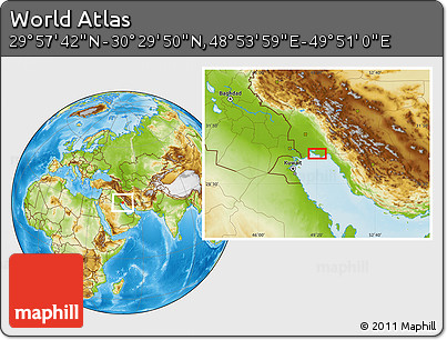 Physical Location Map of the Area around 30° 13' 46" N, 49° 22' 30" E