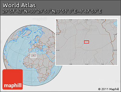 Gray Location Map of the Area around 30° 13' 46" N, 4° 19' 30" E, hill shading