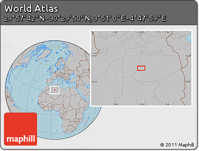 Gray Location Map of the Area around 30° 13' 46" N, 4° 19' 30" E, hill shading