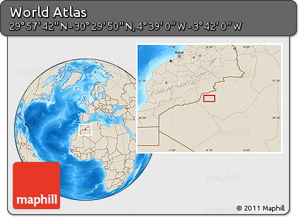 Shaded Relief Location Map of the Area around 30° 13' 46" N, 4° 10' 30" W