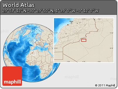 Shaded Relief Location Map of the Area around 30° 13' 46" N, 4° 10' 30" W