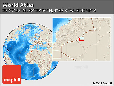 Shaded Relief Location Map of the Area around 30° 13' 46" N, 4° 10' 30" W