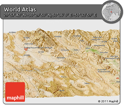 Satellite 3D Map of the Area around 30° 13' 46" N, 51° 4' 30" E