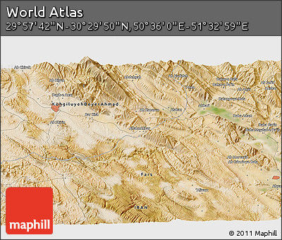 Satellite 3D Map of the Area around 30° 13' 46" N, 51° 4' 30" E