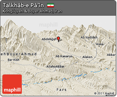 Shaded Relief Panoramic Map of Talkhāb-e Pā'īn