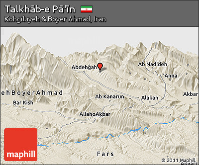 Shaded Relief Panoramic Map of Talkhāb-e Pā'īn