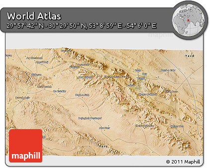 Satellite 3D Map of the Area around 30° 13' 46" N, 53° 37' 30" E