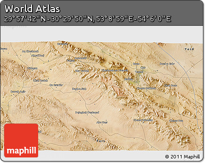 Satellite 3D Map of the Area around 30° 13' 46" N, 53° 37' 30" E