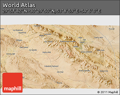 Satellite 3D Map of the Area around 30° 13' 46" N, 53° 37' 30" E