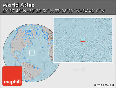 Gray Location Map of the Area around 30° 13' 46" N, 55° 10' 29" W, hill shading