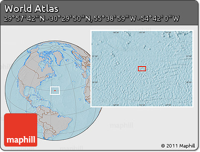 Gray Location Map of the Area around 30° 13' 46" N, 55° 10' 29" W, hill shading