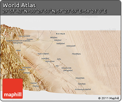 Satellite 3D Map of the Area around 30° 13' 46" N, 57° 52' 30" E