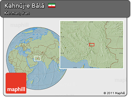 Savanna Style Location Map of Kahnūj-e Bālā, hill shading