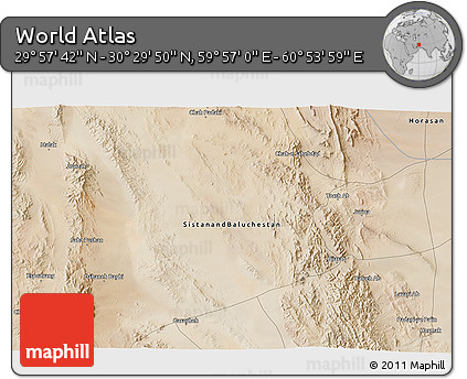 Satellite 3D Map of the Area around 30° 13' 46" N, 60° 25' 29" E