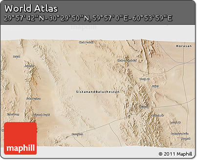 Satellite 3D Map of the Area around 30° 13' 46" N, 60° 25' 29" E