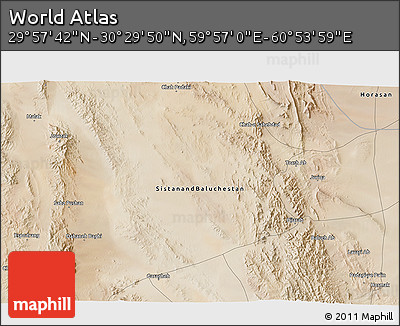 Satellite 3D Map of the Area around 30° 13' 46" N, 60° 25' 29" E