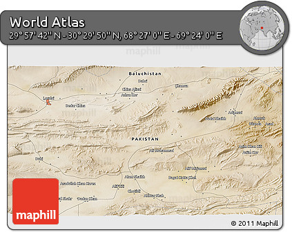 Satellite 3D Map of the Area around 30° 13' 46" N, 68° 55' 30" E