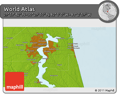 Physical 3D Map of the Area around 30° 13' 46" N, 81° 31' 30" W