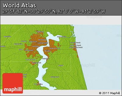 Physical 3D Map of the Area around 30° 13' 46" N, 81° 31' 30" W