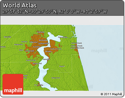 Physical 3D Map of the Area around 30° 13' 46" N, 81° 31' 30" W