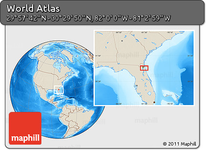 Shaded Relief Location Map of the Area around 30° 13' 46" N, 81° 31' 30" W