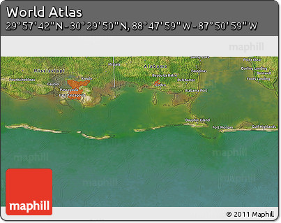 Satellite 3D Map of the Area around 30° 13' 46" N, 88° 19' 29" W