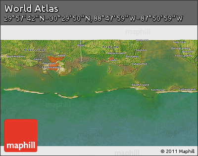 Satellite 3D Map of the Area around 30° 13' 46" N, 88° 19' 29" W