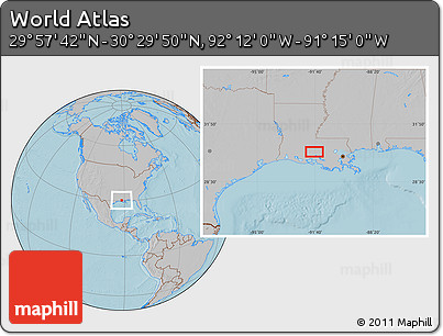 Gray Location Map of the Area around 30° 13' 46" N, 91° 43' 29" W, hill shading