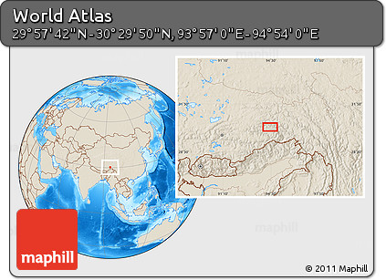 Shaded Relief Location Map of the Area around 30° 13' 46" N, 94° 25' 30" E