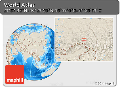 Shaded Relief Location Map of the Area around 30° 13' 46" N, 96° 7' 30" E