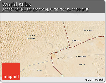 Satellite 3D Map of the Area around 30° 13' 46" N, 9° 25' 30" E
