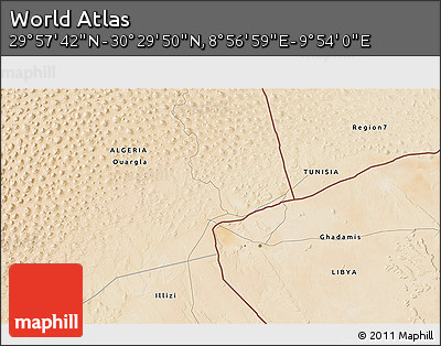 Satellite 3D Map of the Area around 30° 13' 46" N, 9° 25' 30" E