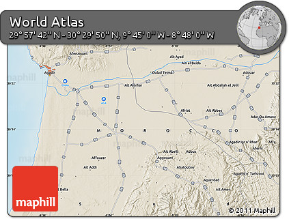 Shaded Relief Map of the Area around 30° 13' 46" N, 9° 16' 30" W