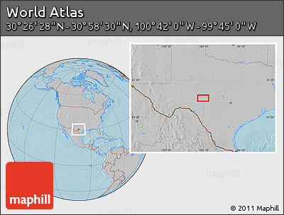 Gray Location Map of the Area around 30° 42' 29" N, 100° 13' 29" W, hill shading