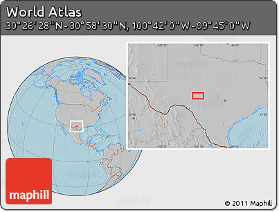 Gray Location Map of the Area around 30° 42' 29" N, 100° 13' 29" W, hill shading