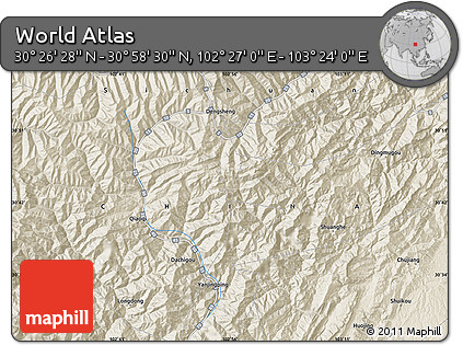 Shaded Relief Map of the Area around 30° 42' 29" N, 102° 55' 30" E