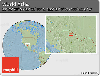 Savanna Style Location Map of the Area around 30° 42' 29" N, 106° 10' 30" W, hill shading