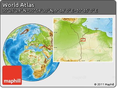 Physical Location Map of the Area around 30° 42' 29" N, 10° 16' 30" E