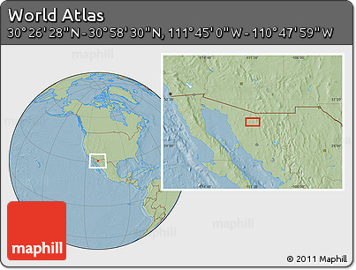 Savanna Style Location Map of the Area around 30° 42' 29" N, 111° 16' 30" W, hill shading