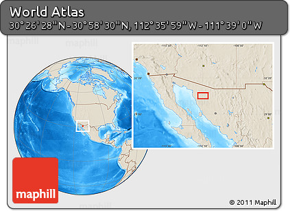 Shaded Relief Location Map of the Area around 30° 42' 29" N, 112° 7' 30" W